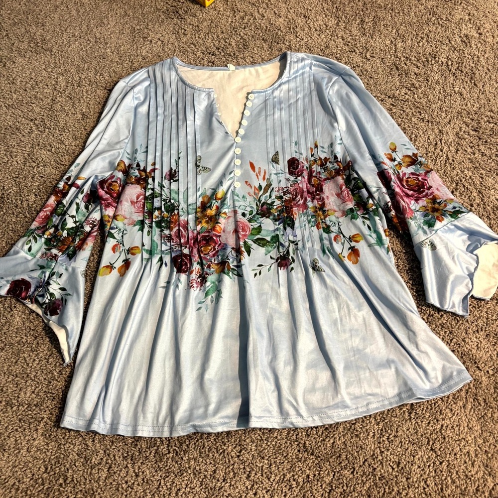 Unbranded Floral Satin Blouse 2XL Blue Bell Sleeve Pleated Button V-Neck Plus